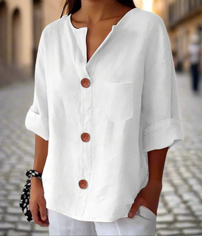 New Style Loose T-shirt For Women With V-neck, Made Of Cotton And Linen, Buttoned Top. CJ US