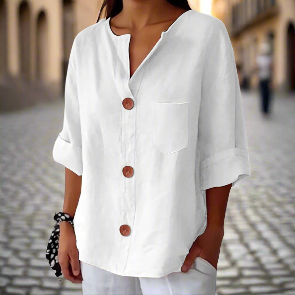 New Style Loose T-shirt For Women With V-neck, Made Of Cotton And Linen, Buttoned Top. CJ US