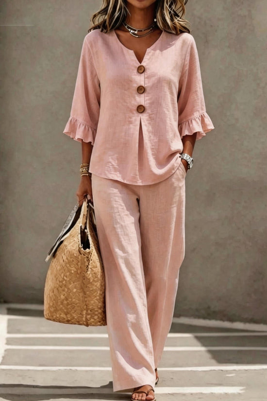 Womens V-neck Ruffle Three-Quarter Sleeve Top And Pants Two-Piece Set 