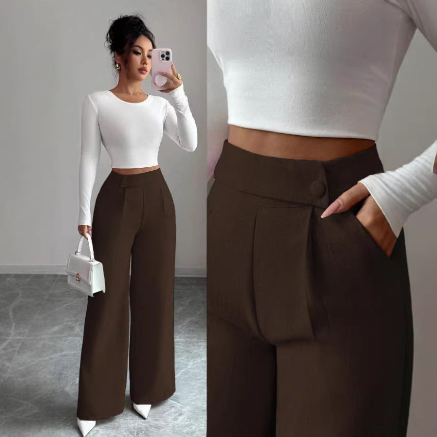 Womens Solid-color Casual All-match Long Pants With A Waist Panel Seam 