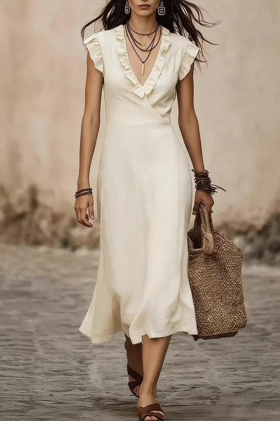 V-neck Cotton-Linen Flutter Sleeve Ruffle-trimmed Midi Dress For Women 