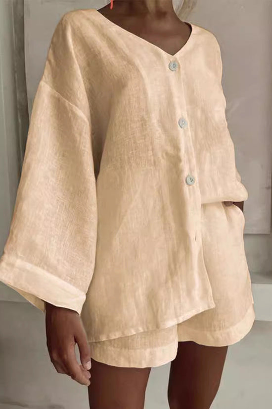 Fashionable Cotton-Linen Shirt And Shorts Casual Set 