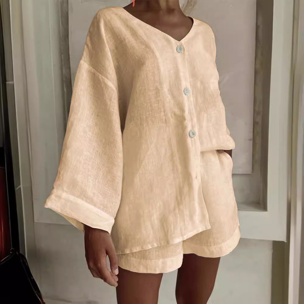 Fashionable Cotton-Linen Shirt And Shorts Casual Set 