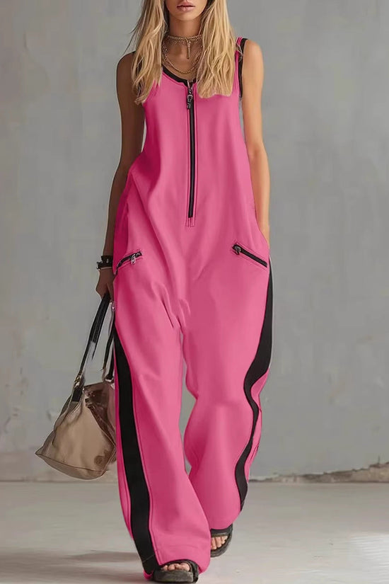 Zip-up Crewneck Sleeveless Casual Cotton Wide-leg Jumpsuit 