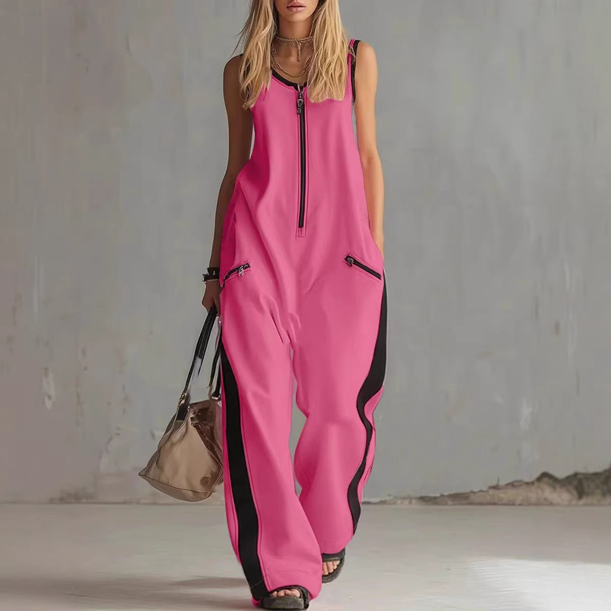 Zip-up Crewneck Sleeveless Casual Cotton Wide-leg Jumpsuit 