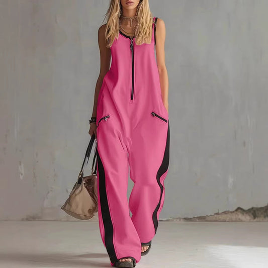 Zip-up Crewneck Sleeveless Casual Cotton Wide-leg Jumpsuit 