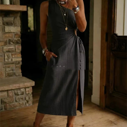 Casual Loose-fitting Cotton Sleeveless Split Dress 