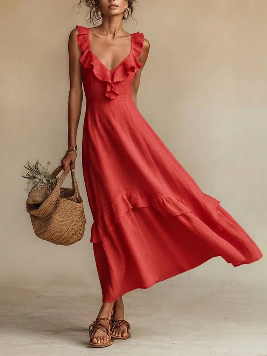 Elegant And Chic Cotton-Linen Dress With Ruffled Flutter Sleeves And A Flowing Hem 