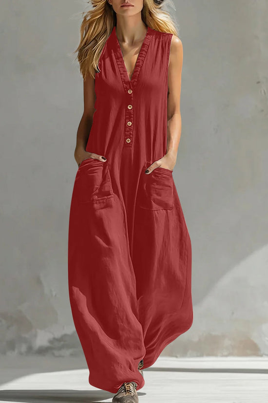 Womens Casual Linen-Cotton Sleeveless Jumpsuit With Two Pocket Straps 