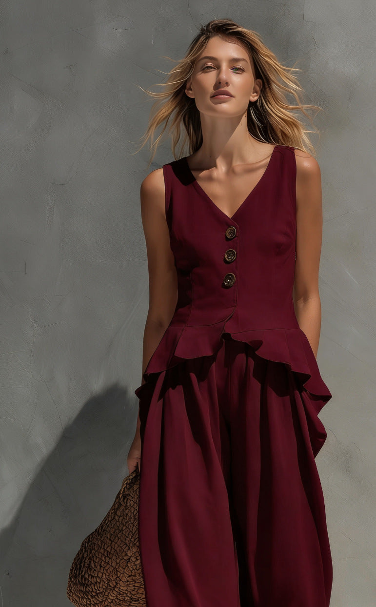 Sweatshirt-style Casual Sleeveless Top And Wide-leg Pants Two-piece Set 