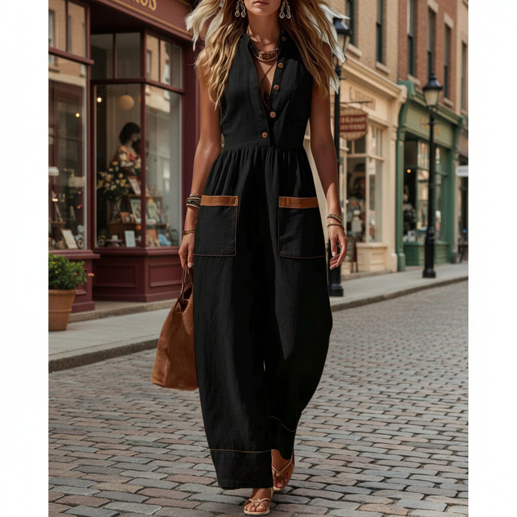 Womens Sleeveless Casual Loose Cotton-Linen Wide-Leg Jumpsuit 