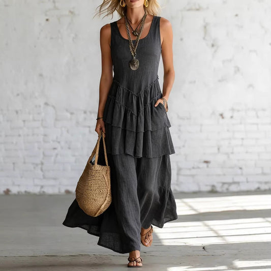 Cotton-linen Loose-fit Maxi Dress With A Sleeveless Design 