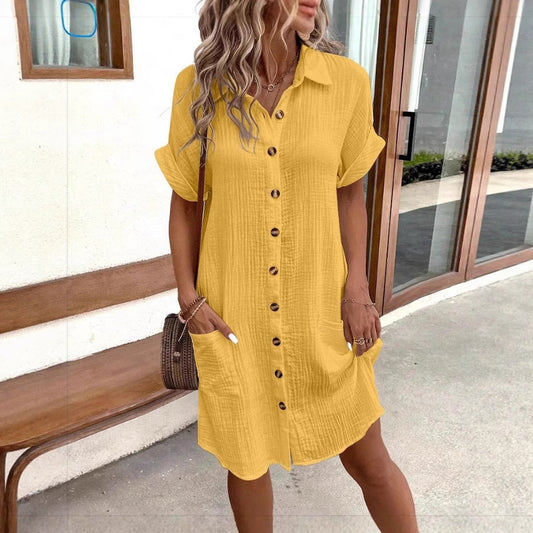 Casual Solid-Color Single-Breasted Mid-Length Short-Sleeve Dress 