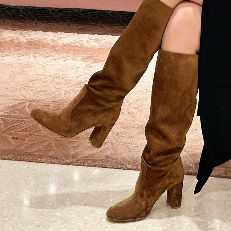Suede Pleated High Heel Thick Heel Pointed Sleeve Boots CJ