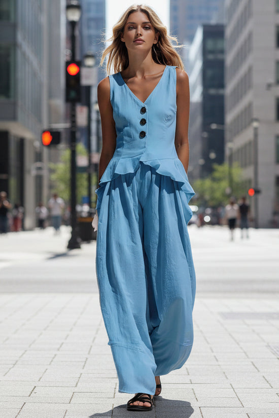 Sleeveless V-neck Ruffled Tank Top Draping Wide-leg Pants Two-piece Set 
