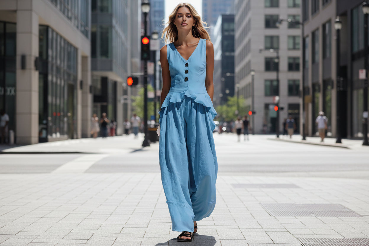 Sleeveless V-neck Ruffled Tank Top Draping Wide-leg Pants Two-piece Set 