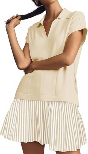 Fisoew Striped Patchwork Polo V‑Neck Mini Dress with Pockets CJ US