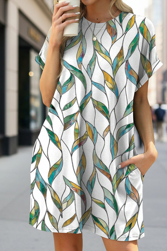 Loose Round-Neck Short-Sleeve Printed Pocket Dress 