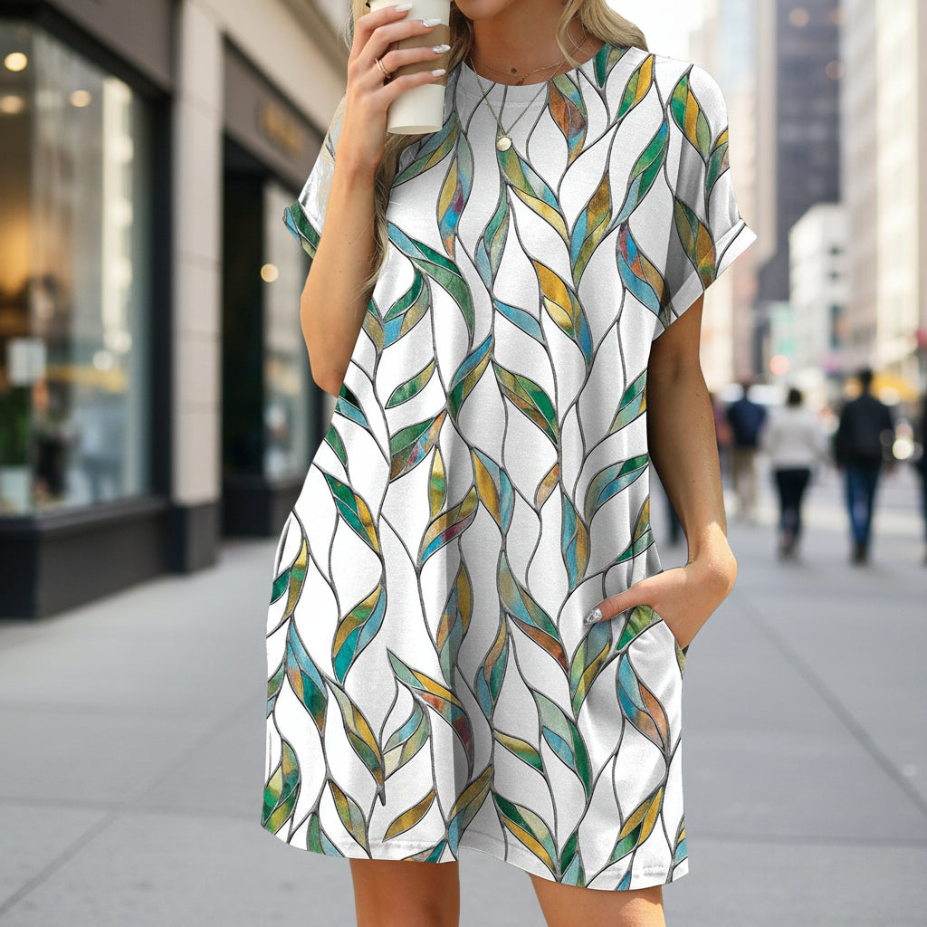 Loose Round-Neck Short-Sleeve Printed Pocket Dress 