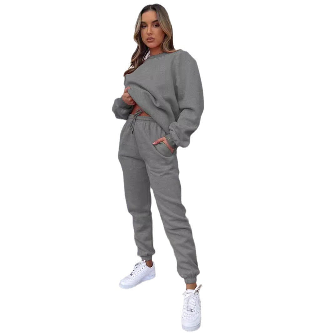 👚 Women's Solid Color Round Neck Pullover Sweatshirt & Pants Set FitiqueFit