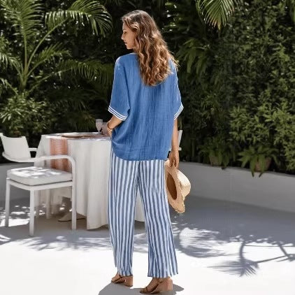 Tunic-style Striped Casual Trousers Womens Outfit 