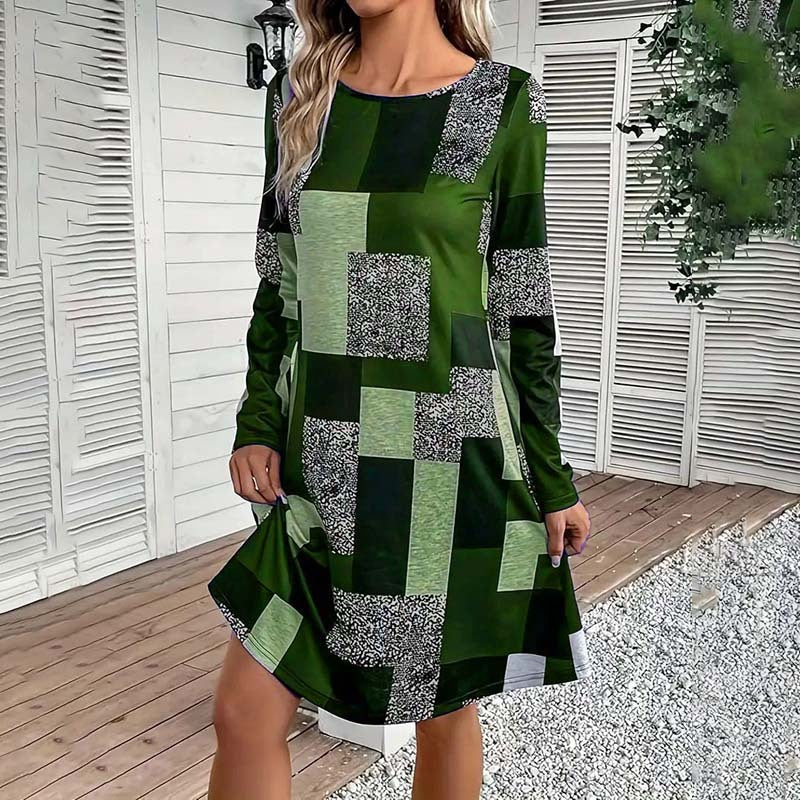 Women's Round Neck Long Sleeve Dress - Digital Print Casual Elegant Spring & Fall Dress CJ US