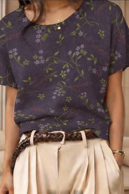 Retro Short-Sleeve Sweater Contrast-Color Jacquard Knit Top 