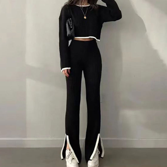 Women's Casual Color-Block Two Piece Set, Long Sleeve Crop Top With Slim Slit Pants, Spring&Autumn Comfort Outfit 