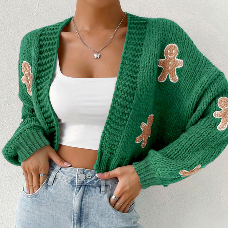 Gingerbread Man Knit Cardigan - Women's Solid V-Neck Ribbed Cuffed Short Sweater, Casual Spring Autumn Polyester Top 