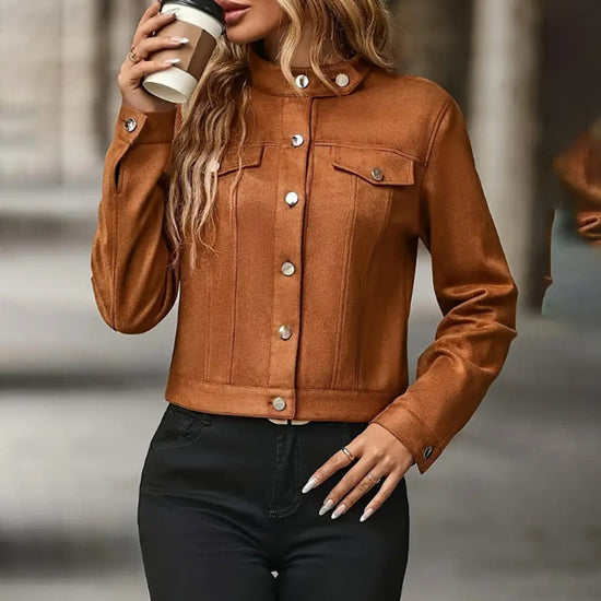 Women's Faux Suede Cropped Jacket, Vintage Stand Collar Short Coat Casual Button Up Fall Outwear CJ US