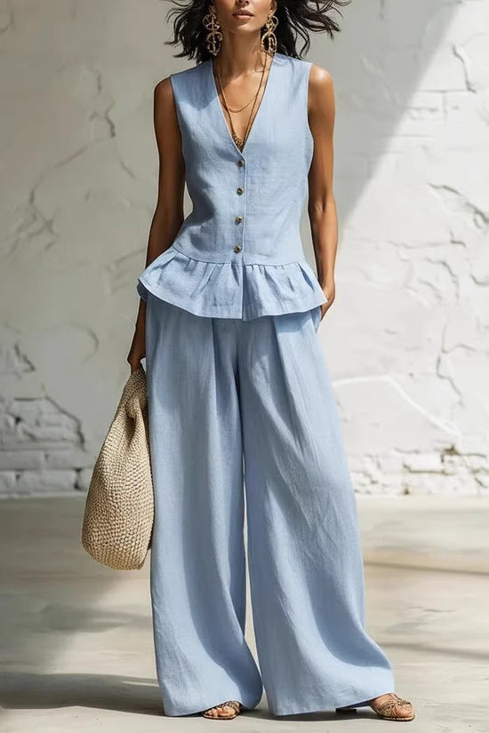 Retro Bohemian Style Ruffled Cotton-Linen Two-Piece Set 