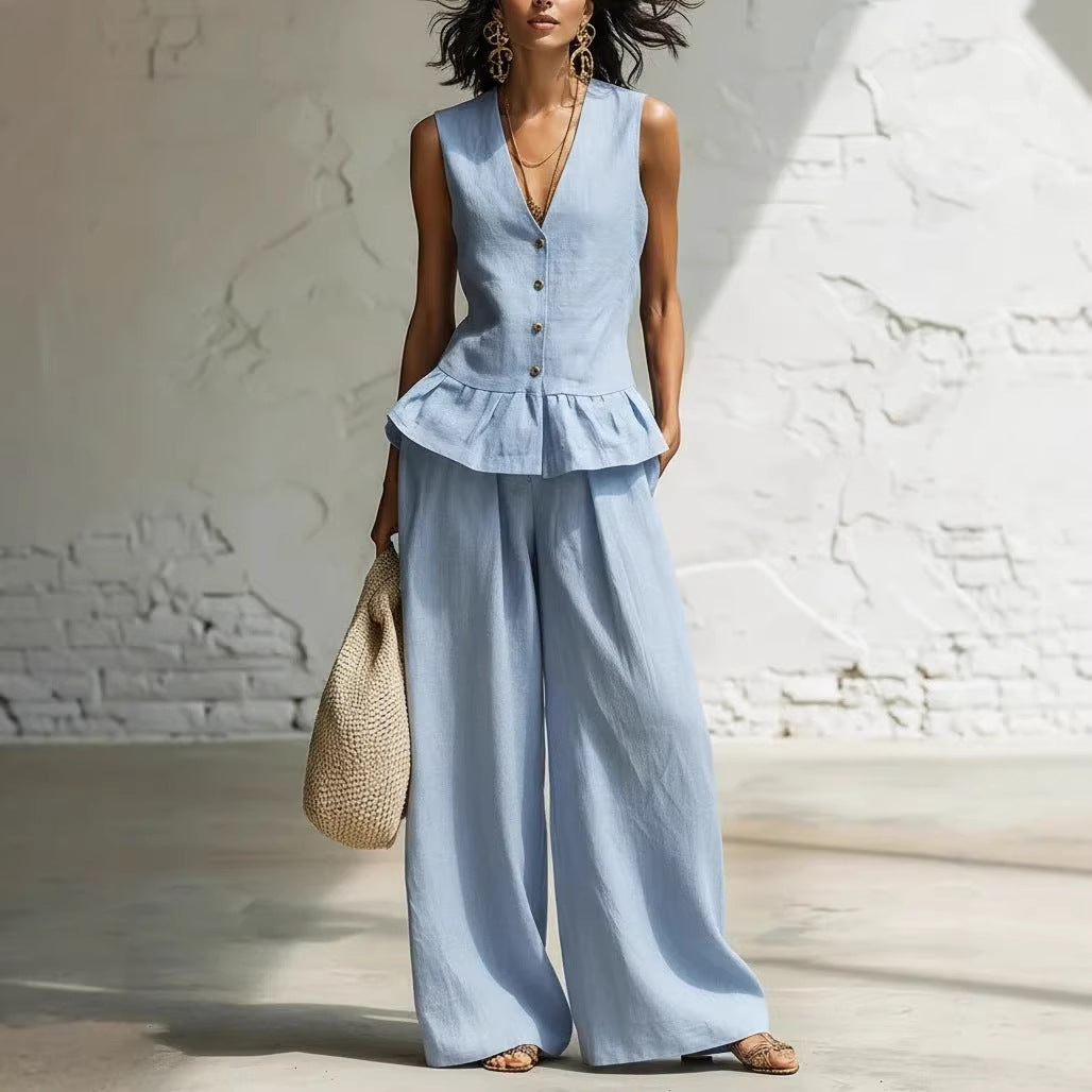Retro Bohemian Style Ruffled Cotton-Linen Two-Piece Set 