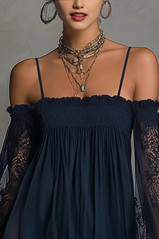 Long-sleeve Slip Dress In Solid Color With A Stretchy Boat Neck And Lace Detailing 