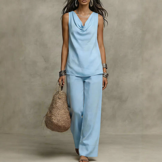 Womens Slash-Neck Sleeveless Tank Top And Casual Pants Set 