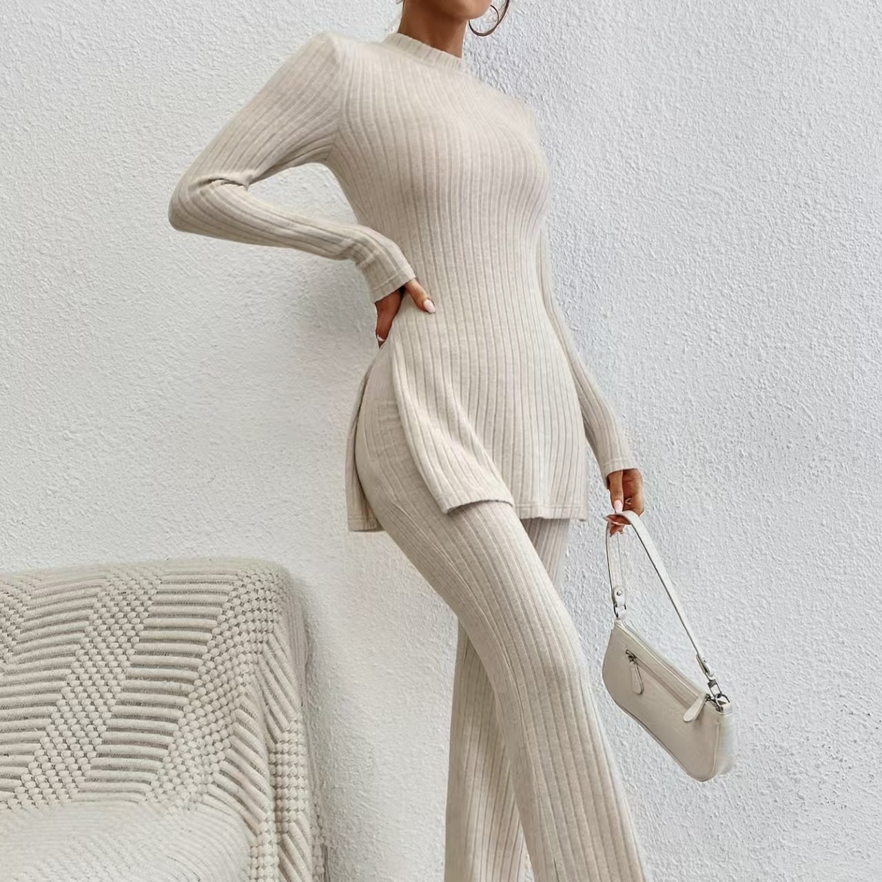 Women's Solid Color Set 2-piece Fashionable Ribbed V-neck Top And Pants Set Knitted CJ US