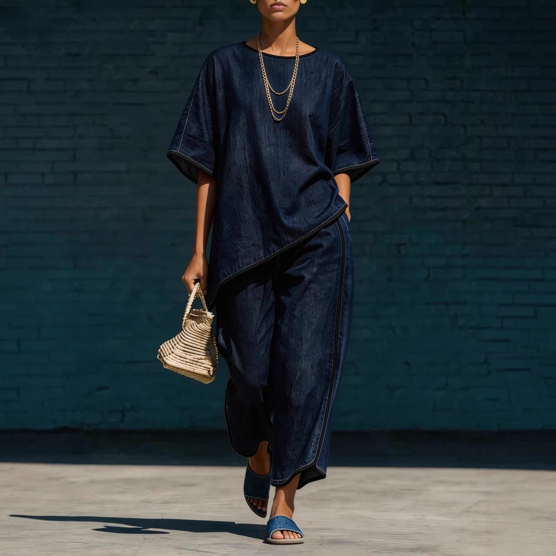 Elegant Casual Denim-Style Loose Wide-Leg Pants Two-Piece Set 