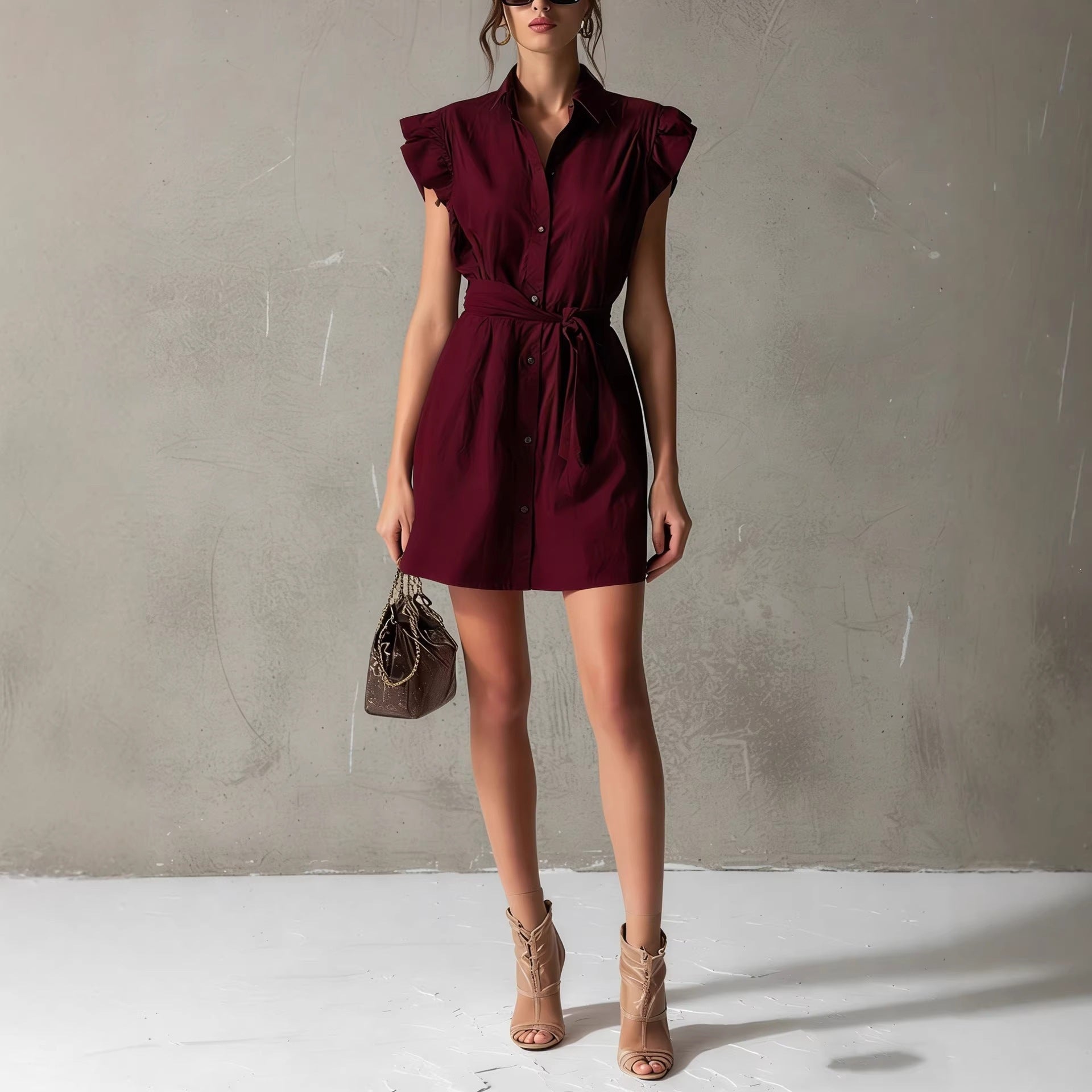 Dropped-shoulder Sleeve Polo-neck Lace-up Dress 