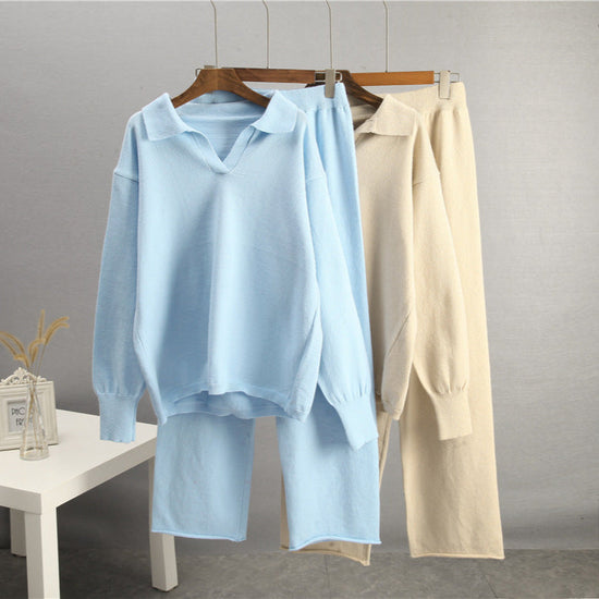 European And American-style Solid-color Lapel Sweater Set For Women, FallWinter 