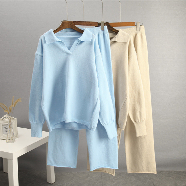 European And American-style Solid-color Lapel Sweater Set For Women, FallWinter 