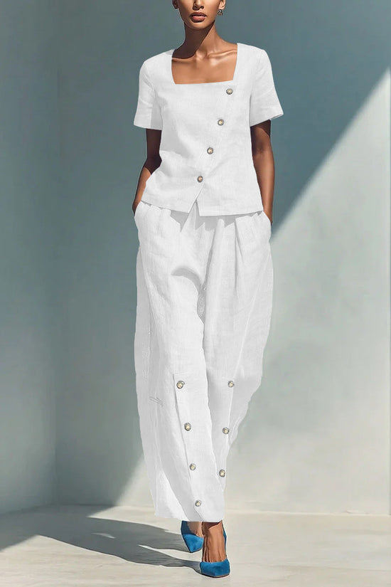 Womens Loose Short-Sleeve Top And High-Waist Pants Two-Piece Set 