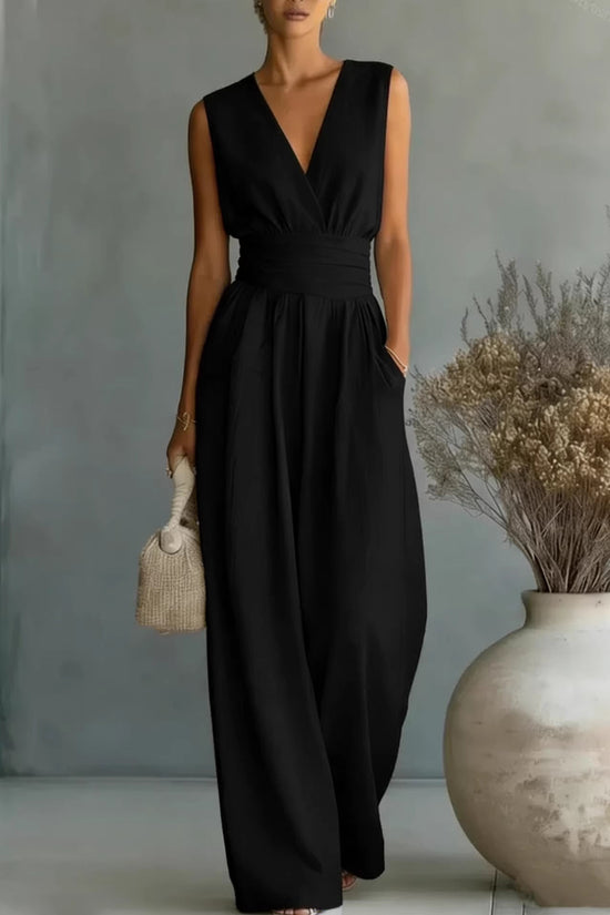 Womens Elegant Sleeveless Waist-Cinching V-Neck Sophisticated Jumpsuit 