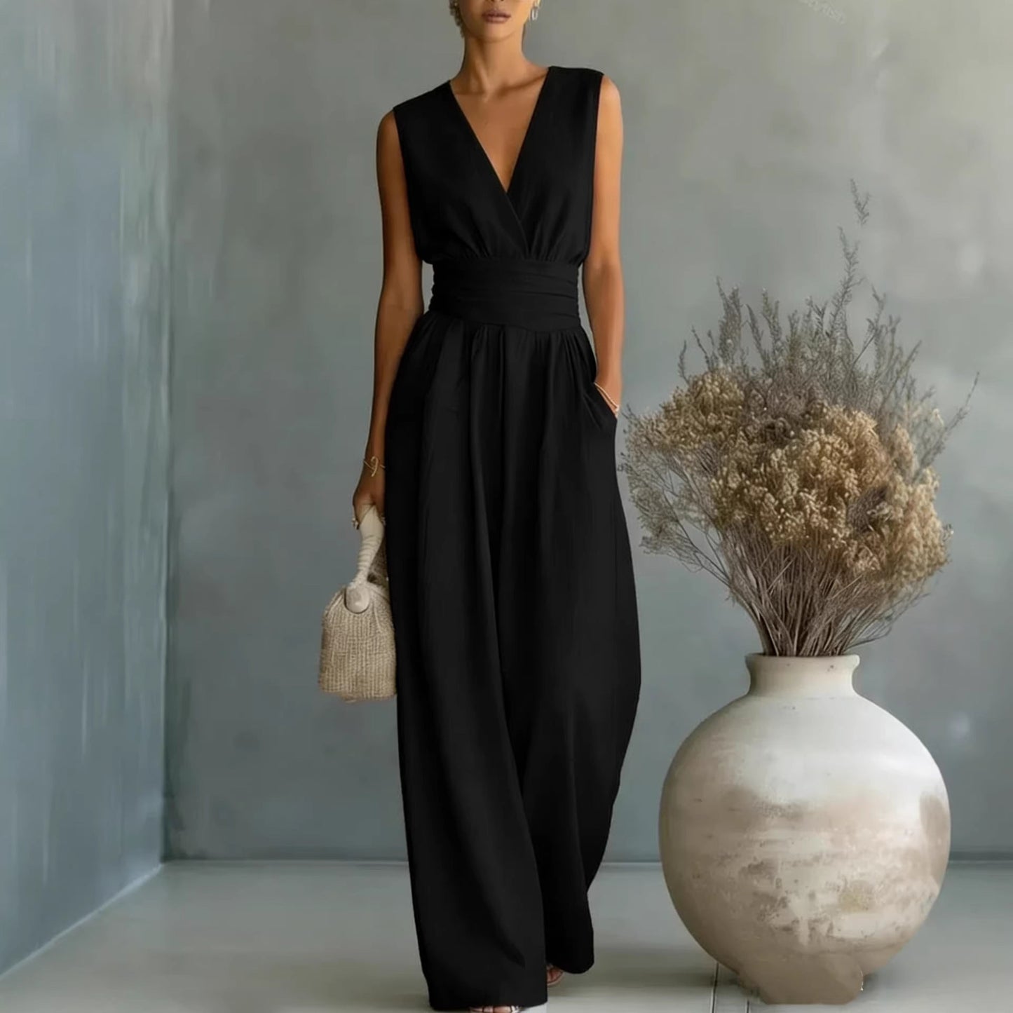 Womens Elegant Sleeveless Waist-Cinching V-Neck Sophisticated Jumpsuit 