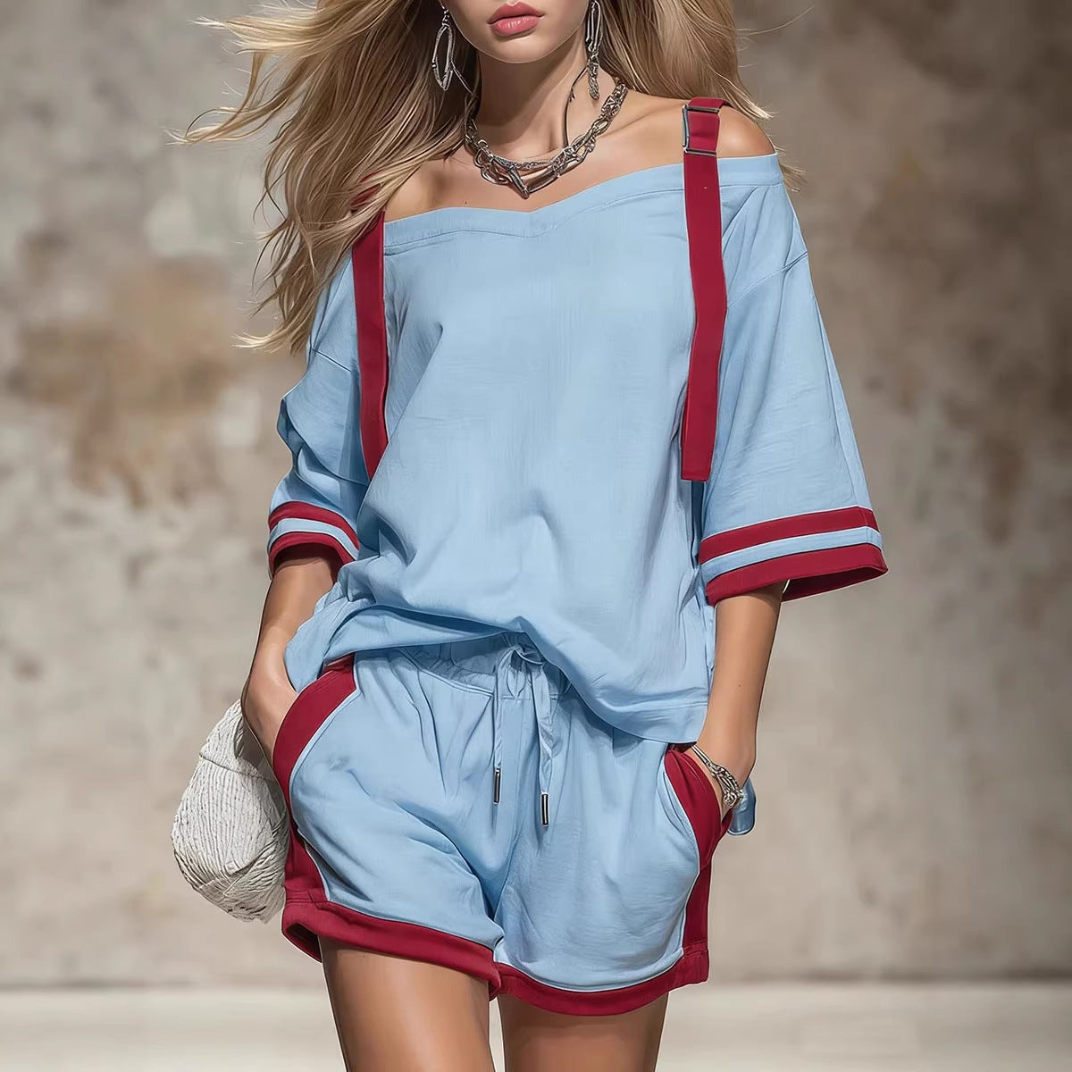 Summer Contrast-Colored Women's Patchwork Casual Shorts Set 