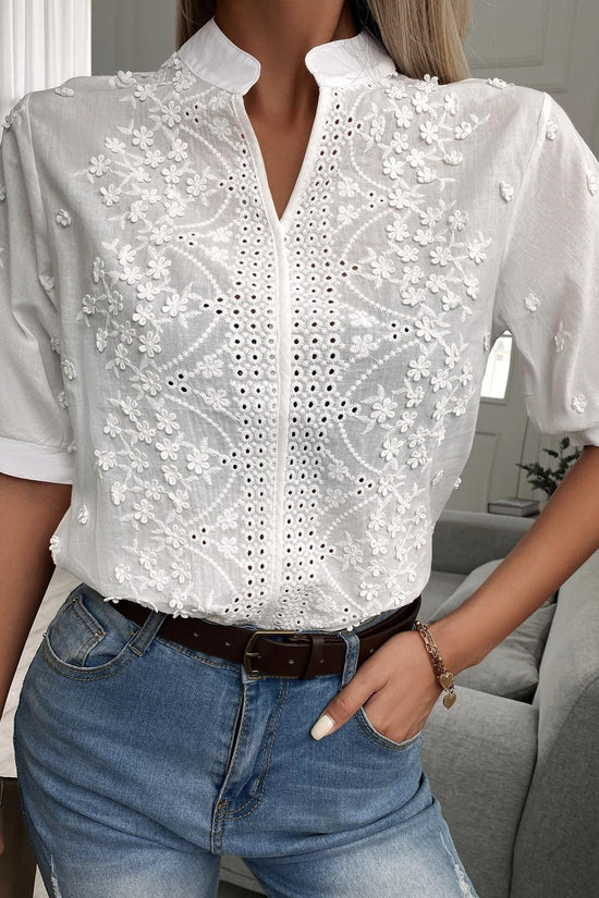 🌸 Women's V-Neck Stand Collar Embroidered Lace Blouse FitiqueFit