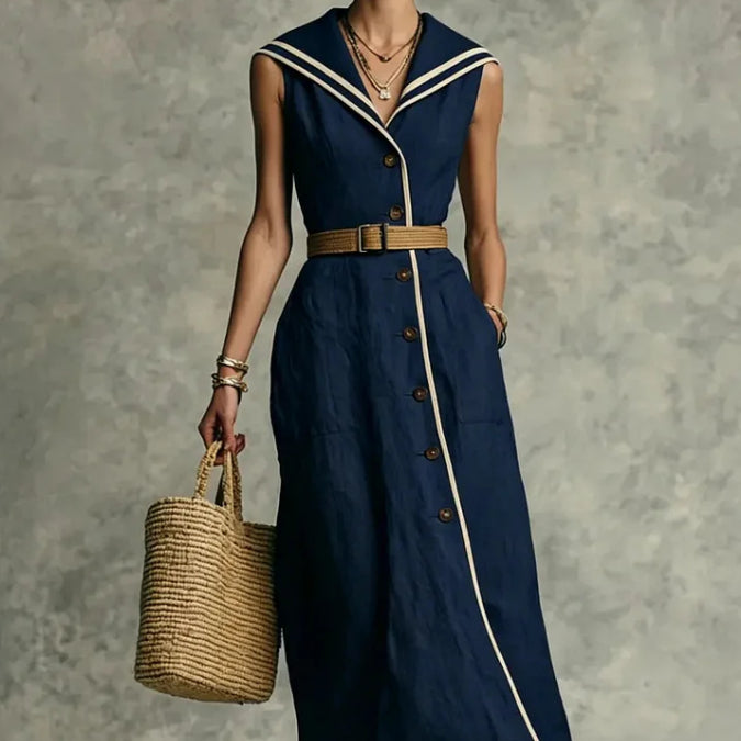 Fashionable Casual Stand-up Collar Trendy Style Buttoned Dress 