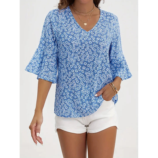 Womens Summer Floral Print Blouses V-Neck Flare Sleeve Tops CJ US