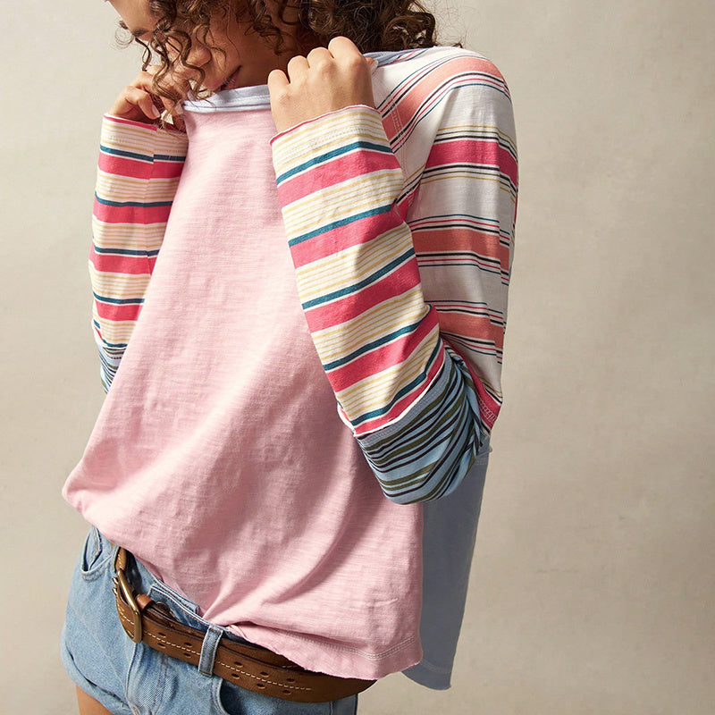 Women's Striped Long Sleeve Top Round Neck Pullover With Unique Patchwork Design For Spring&Fall CJ US