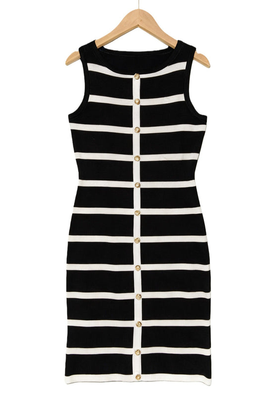 Contrast-color Striped Sleeveless Crew-neck Single-breasted Dress 