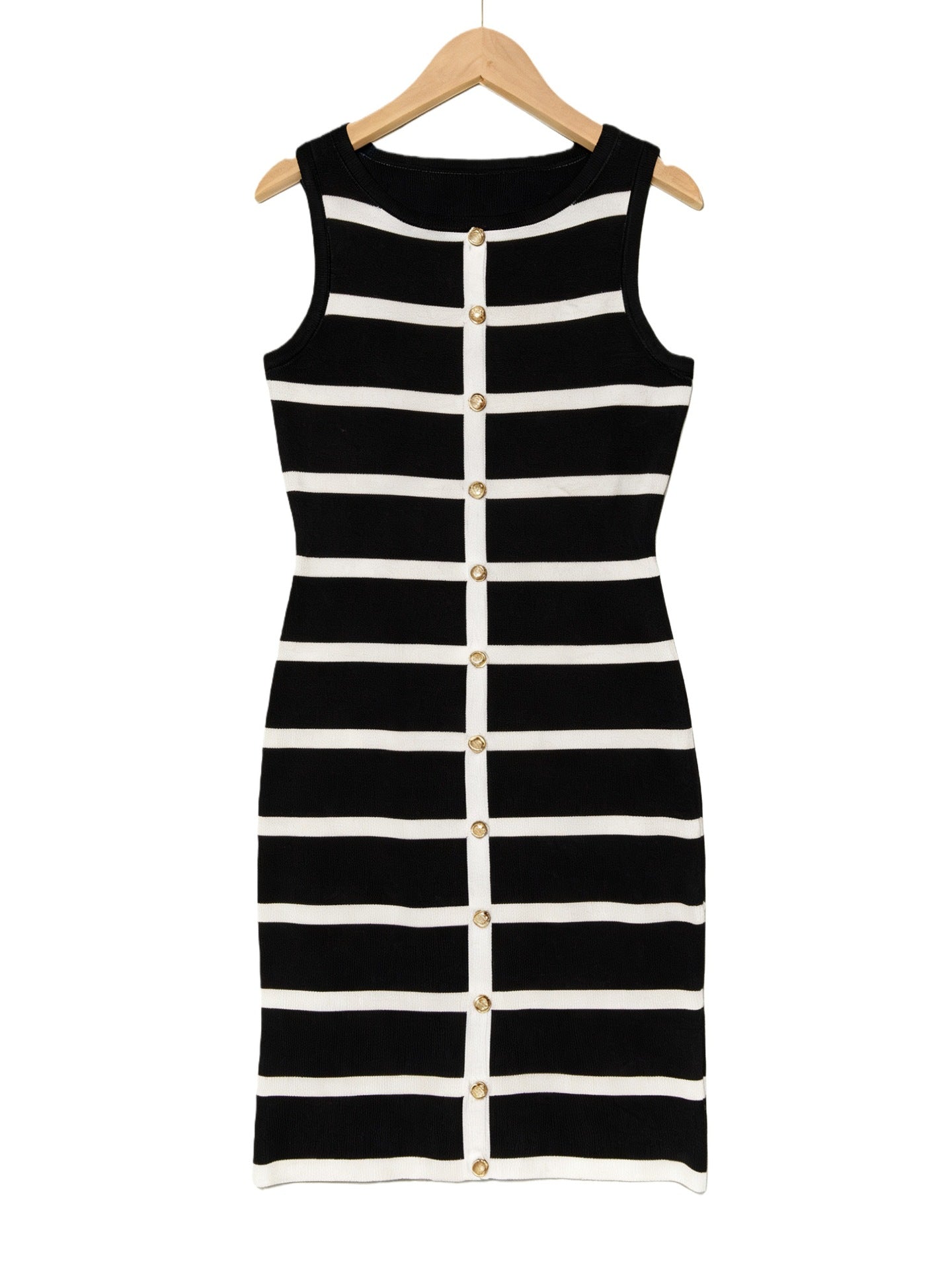 Contrast-color Striped Sleeveless Crew-neck Single-breasted Dress 