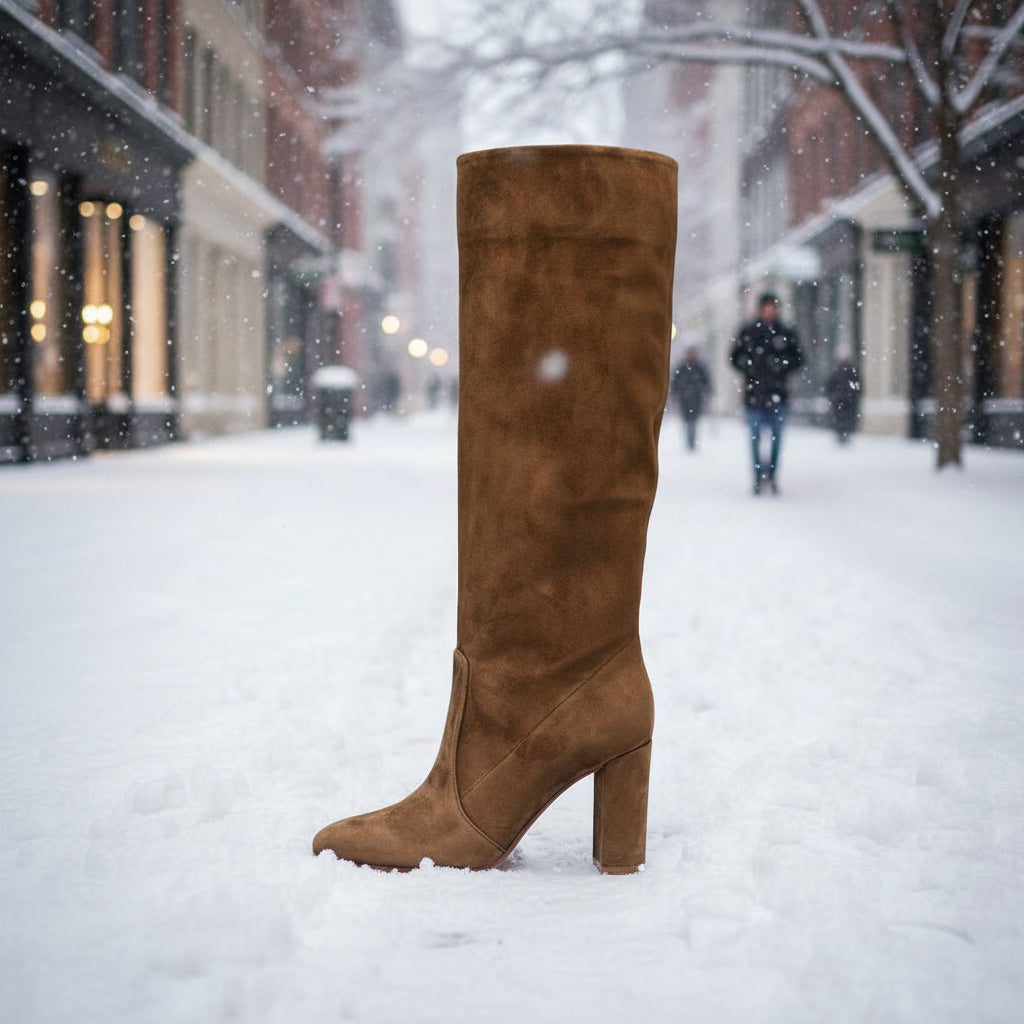 Suede Pleated High Heel Thick Heel Pointed Sleeve Boots CJ